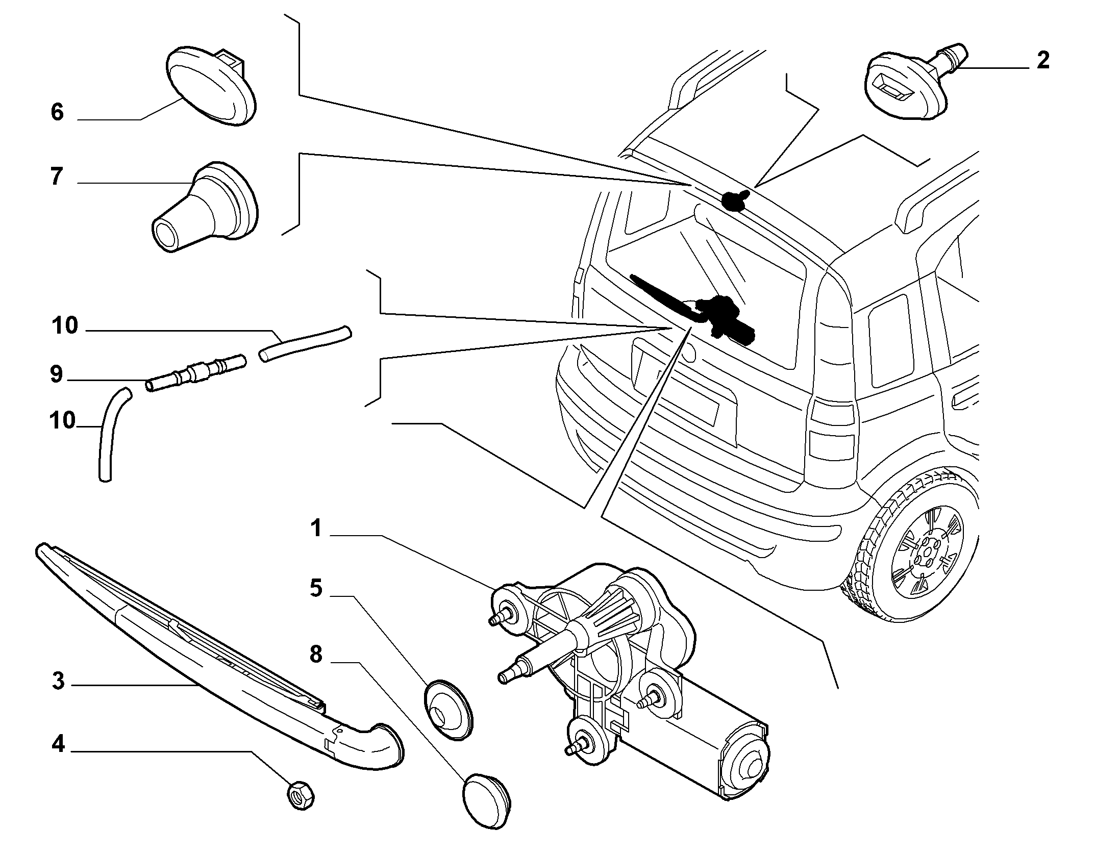 55514-020 REAR WIPERS - ARM, BRUSHES AND MOTOR